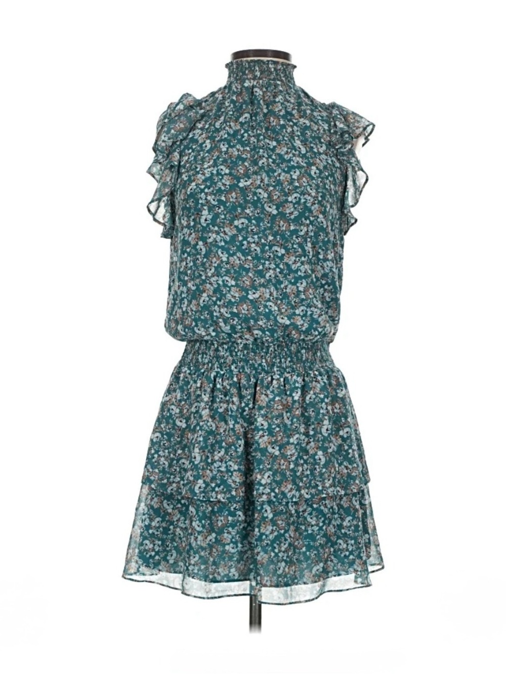 1. State Teal Floral Ruffle Sleeve Mock Neck Fit & Flare Dress Size S